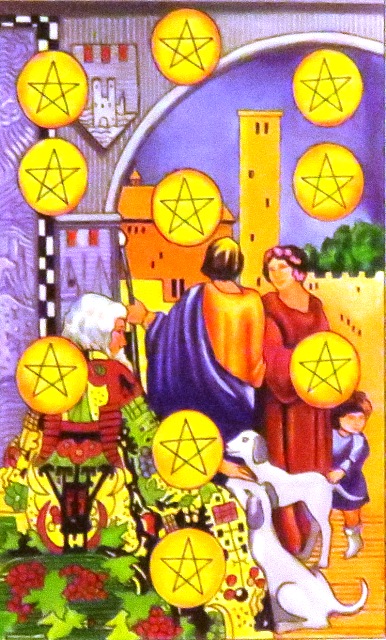 The Ten of Pentacles represents accumulation, wealth and a prosperous retirement. It’s a card of legacy, family and tradition. The Ten of Pentacles shows prosperity and long term achievements.