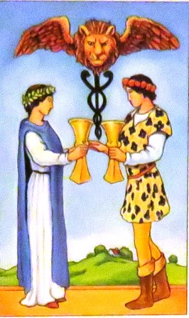 The Two of Cups is the flow of love between two people. It’s a positive card for relationships and matters of the heart and is also associated with decisions about relationships. 