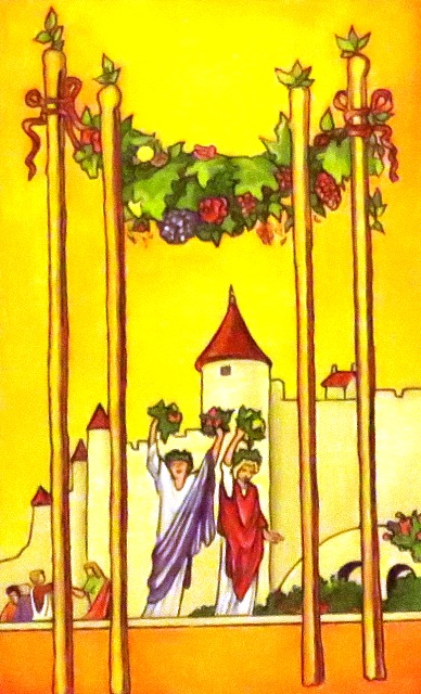 The Four of Wands represents celebration, harmony, joy and homecoming. Today is a good day to celebrate the joy and satisfaction of reaching an important goal or achievement. 