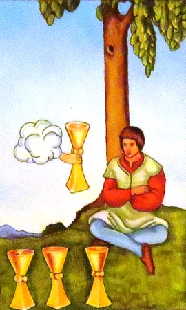  Four of Cups - You may feel disengaged or unmotivated. Maybe life has become dull. You are being presented with unexpected offers of friendship or love but aren’t jumping at the opportunity to accept. 