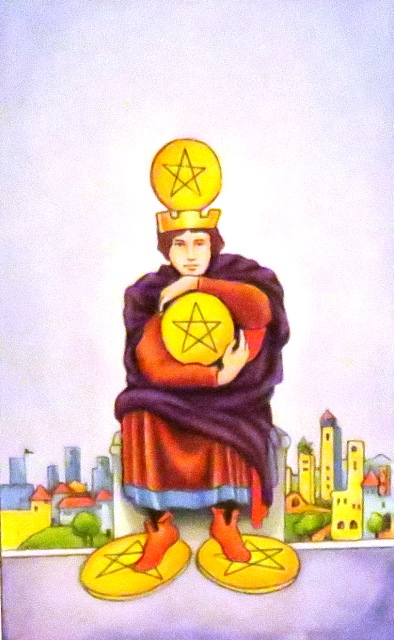 The Four of Pentacles is connected to our control and organization of tangible things such as our wealth, security and possessions.