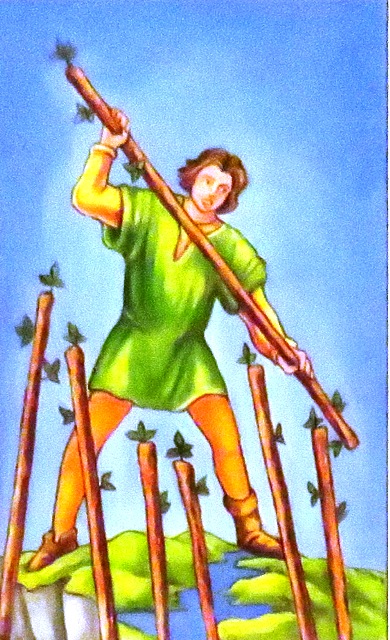 The Seven of Wands is a card of obstacles, defense and holding your ground. It describes those times when we must assert ourselves and defend our position. 