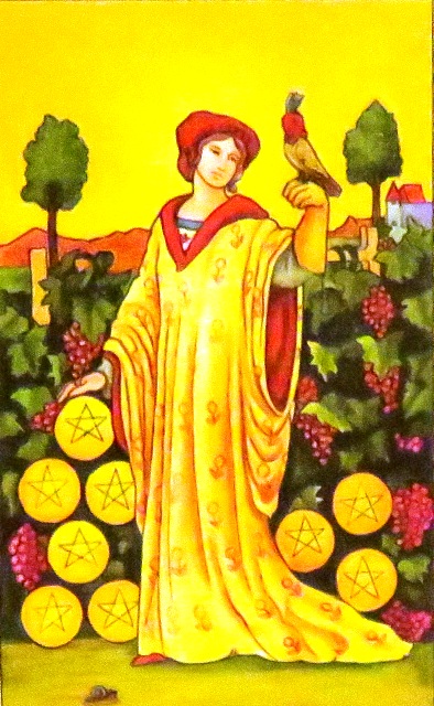 The Nine of Pentacles relates to happiness and success. There are lots of opportunities for us to depend on the support of others, but the Nine of Pentacles signifies the achievements we have gained through doing it on our own actions and efforts. 