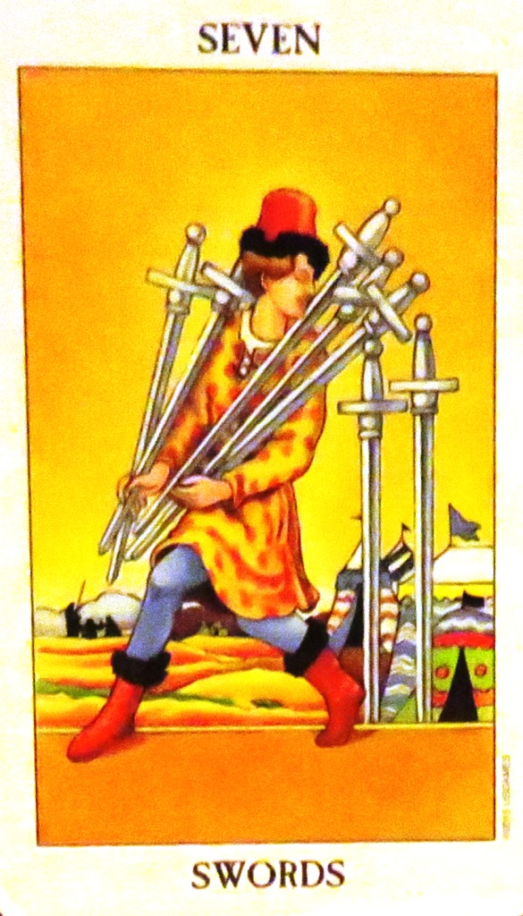 Seven of Swords indicates theft, betrayal, deception and trickery.  To me it’s the sneaky card. You may be trying to get away with something and are sneaking around behind other people’s backs, hoping to go undetected. 