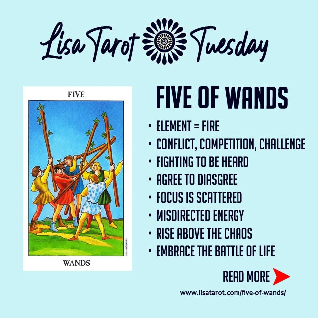 The Fives in the Tarot reflect conflict, challenge and change. The Five of Wands will often highlight competitive situations.